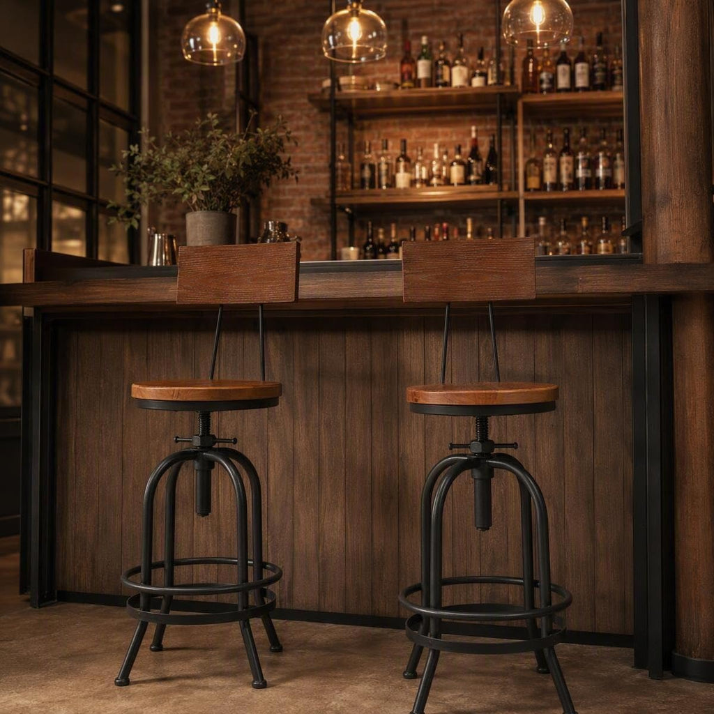 Set of 2-Industrial Bar Stools with Backrest-Swivel Wood Seat-Bar Counter Height Adjustable 26-32.2inch-Kitchen
