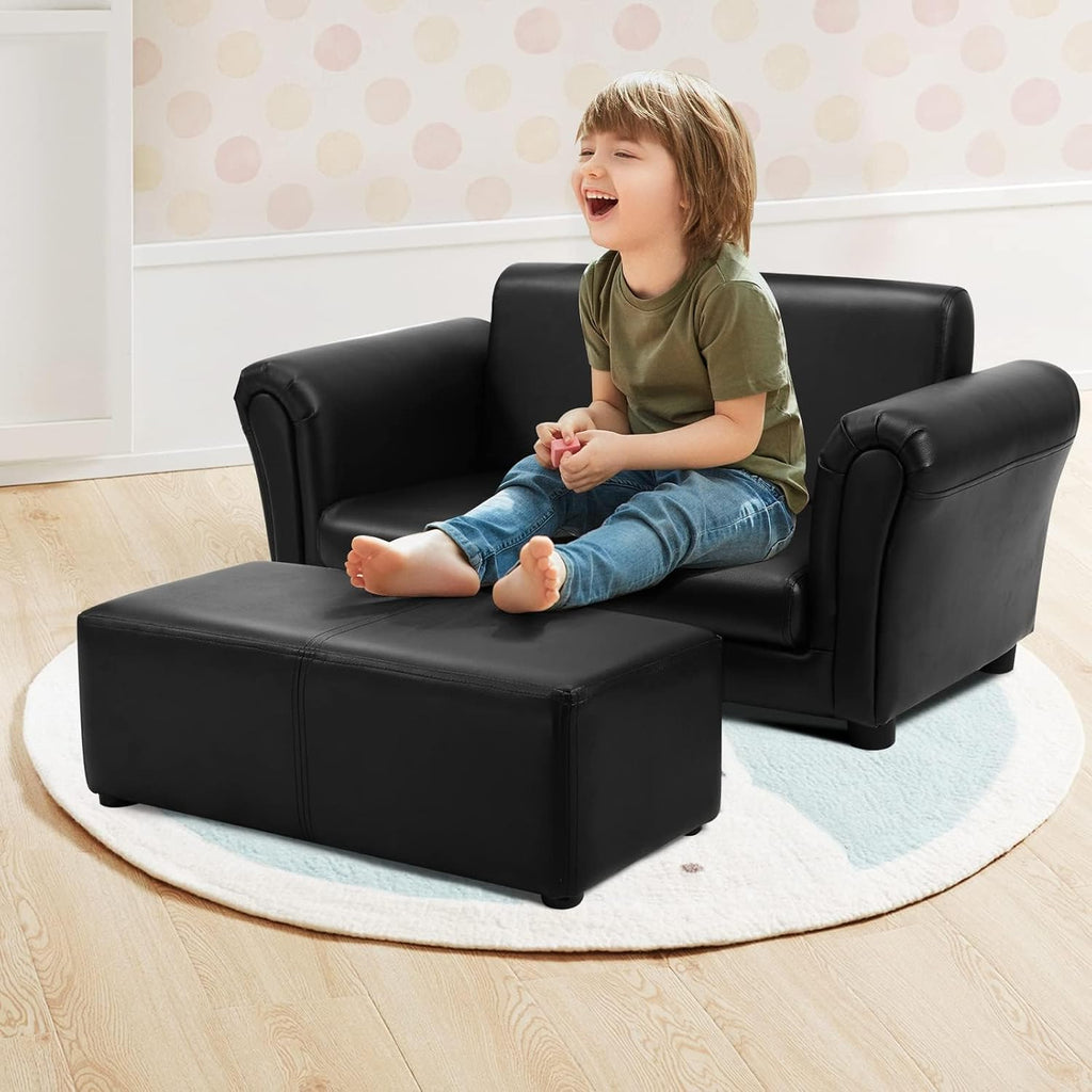 2 Seat Children Sofa with Footstool, Sturdy Wood Construction, Armrest Couch for Preschool Kids, Kid Couch Lounge Bed
