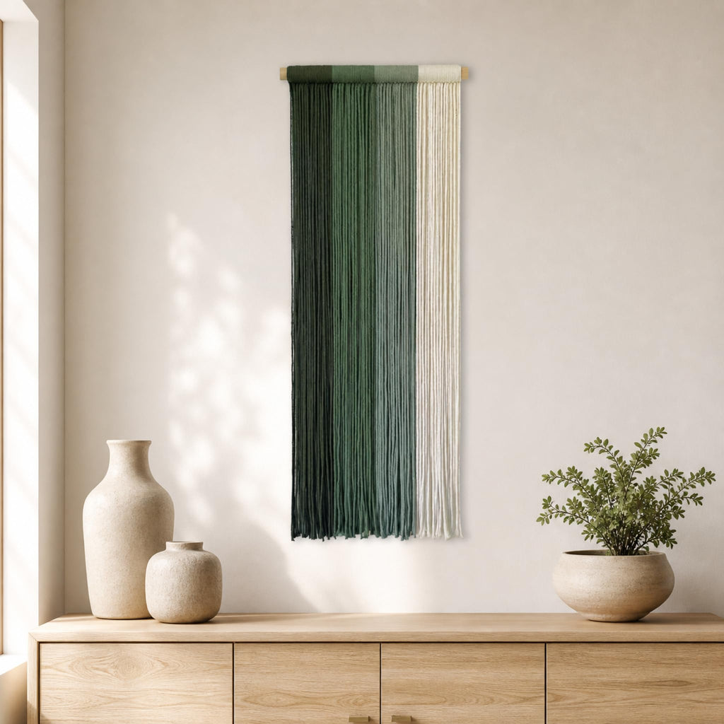 Boho Macrame Wall Hanging, Hand-Dyed Cotton, Green, 15.75 x 40 in