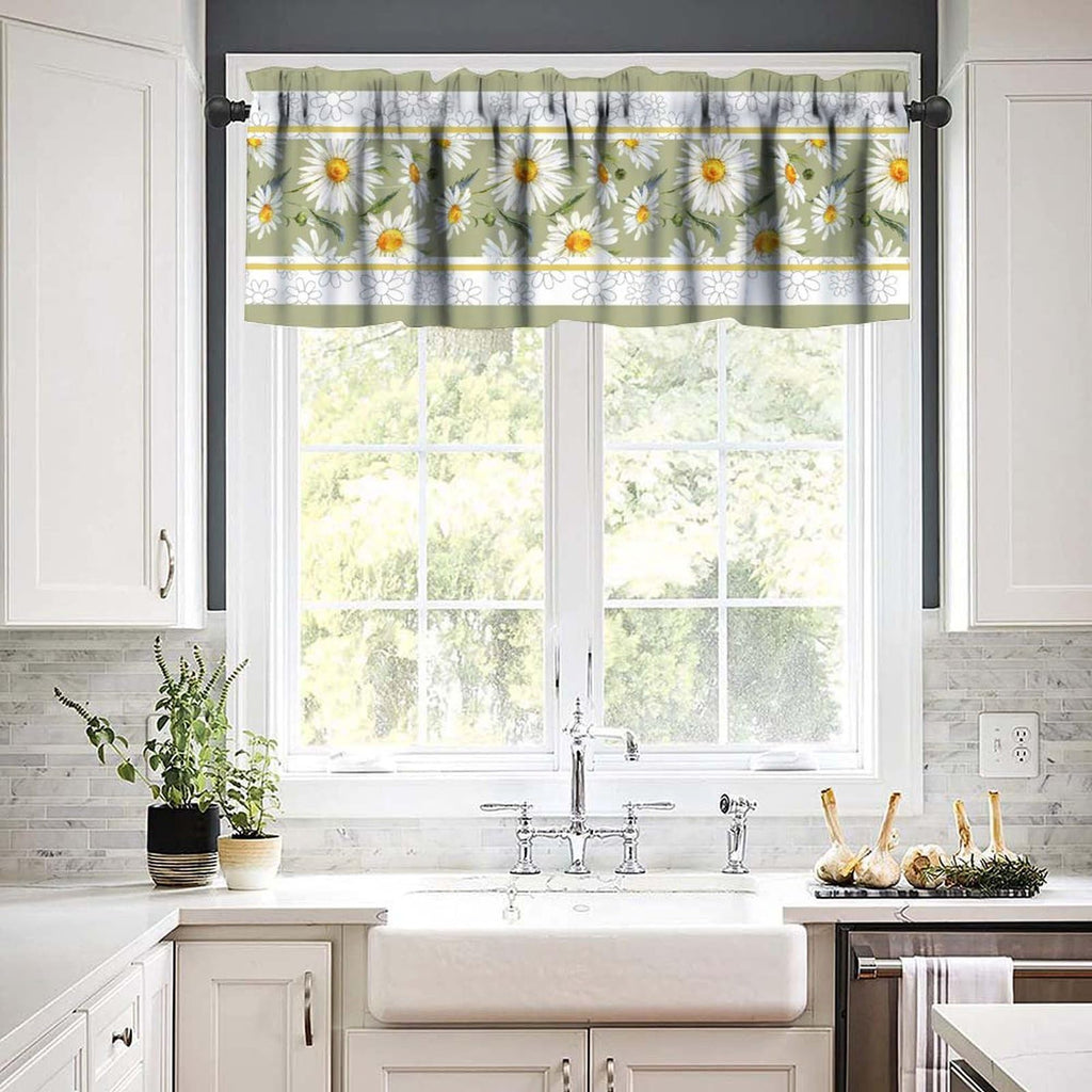 Daisy Flower Window Valance, Summer Watercolor Plants Floral Spring Garden Print Blackout Short Curtain Treatment for
