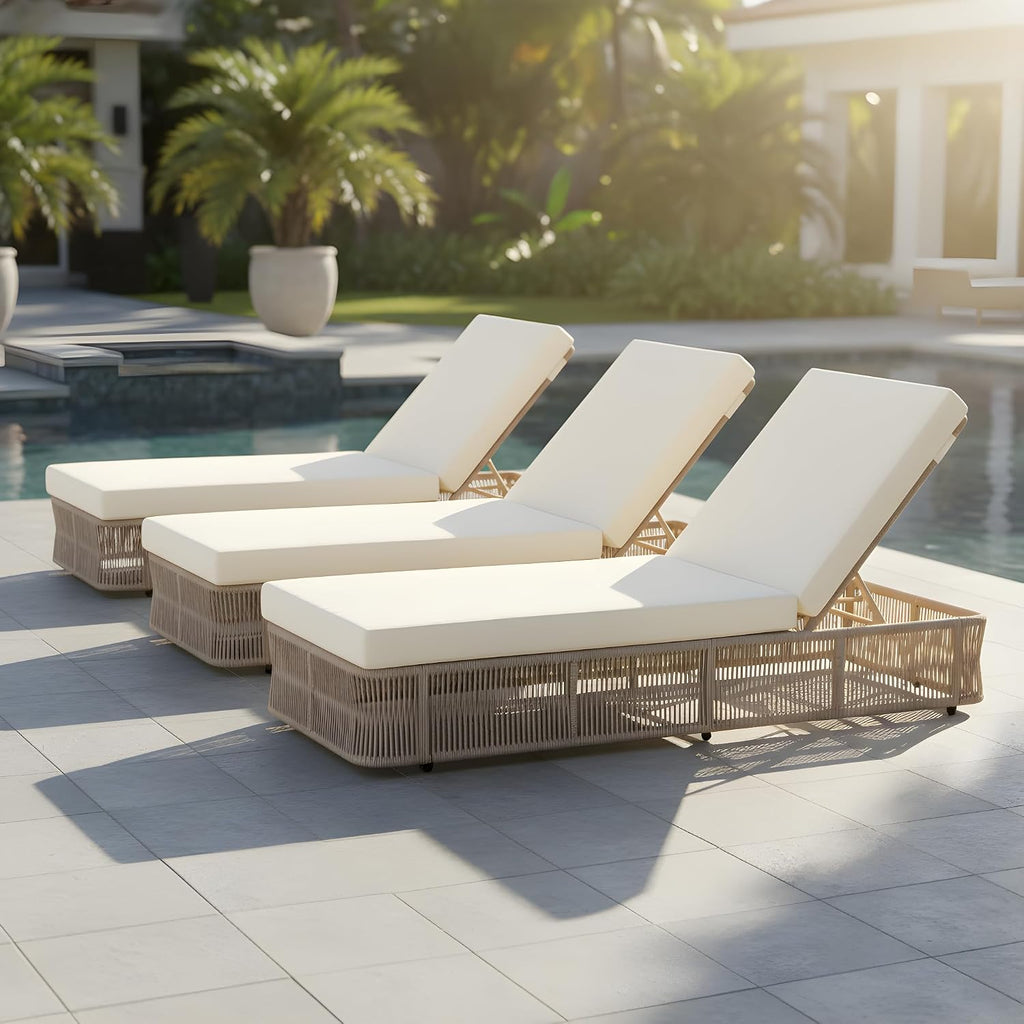 3-Pieces Outdoor Chaise Lounge Chair Set - Adjustable Woven Rope Sun Lounger with 5-Position Backrest (Frame Only)