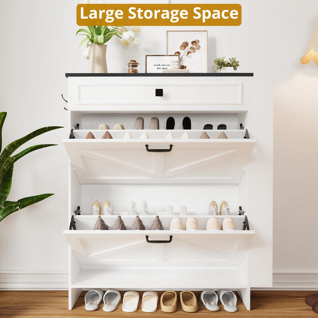 Shoe Storage Cabinet with 2 Flip Drawers & Barn Door, White/Black