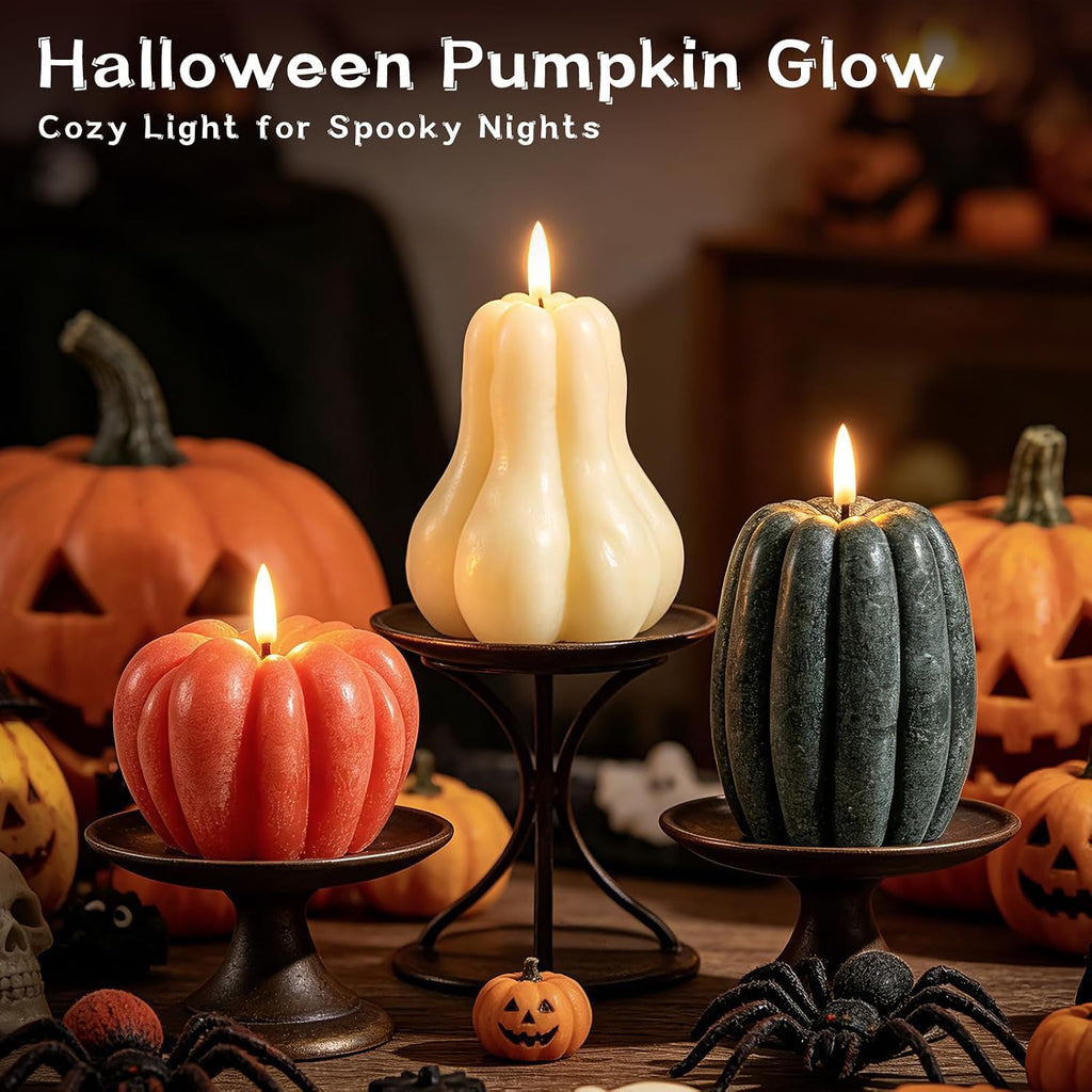 Fall Pumpkin Flameless Candle, LED Battery Operated Pumpkin Candle Light with Remote, Real Wax 3D Flickering - Set of 3