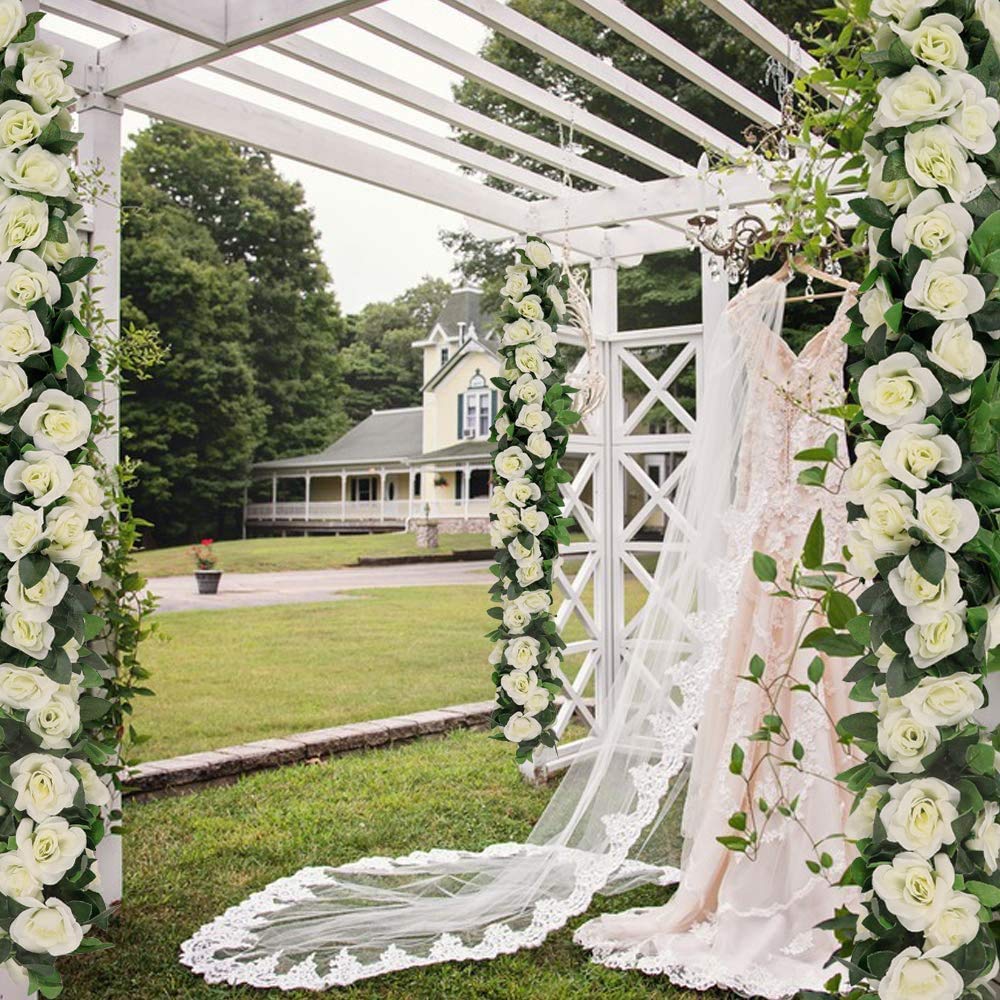 16Ft Artificial Rose Garland Vine (White/2PCS)