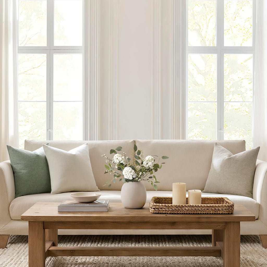 Set of 2 Ivory Throw Pillow Covers 18x18, Modern Farmhouse Linen Blend Decorative Pillow Covers, Neutral Home Decor