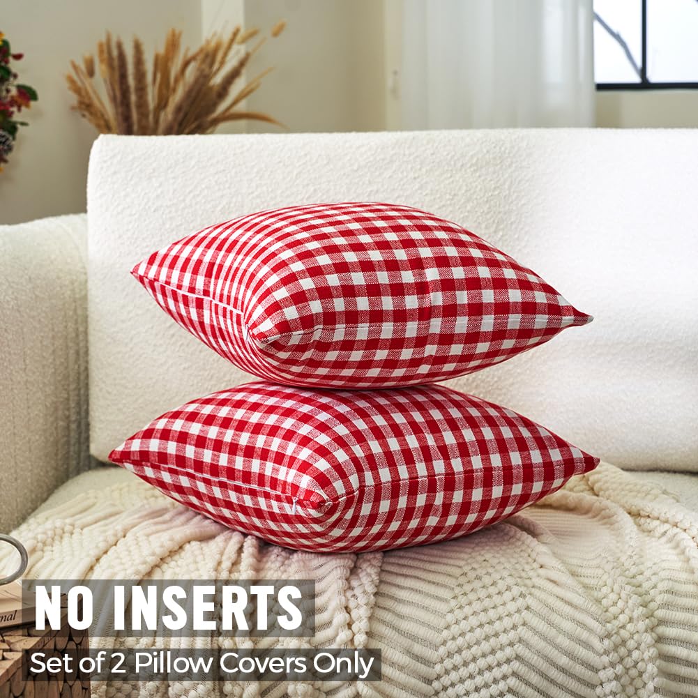 Red and White Outdoor Christmas Gingham Plaid Throw Pillow Covers 18x18
