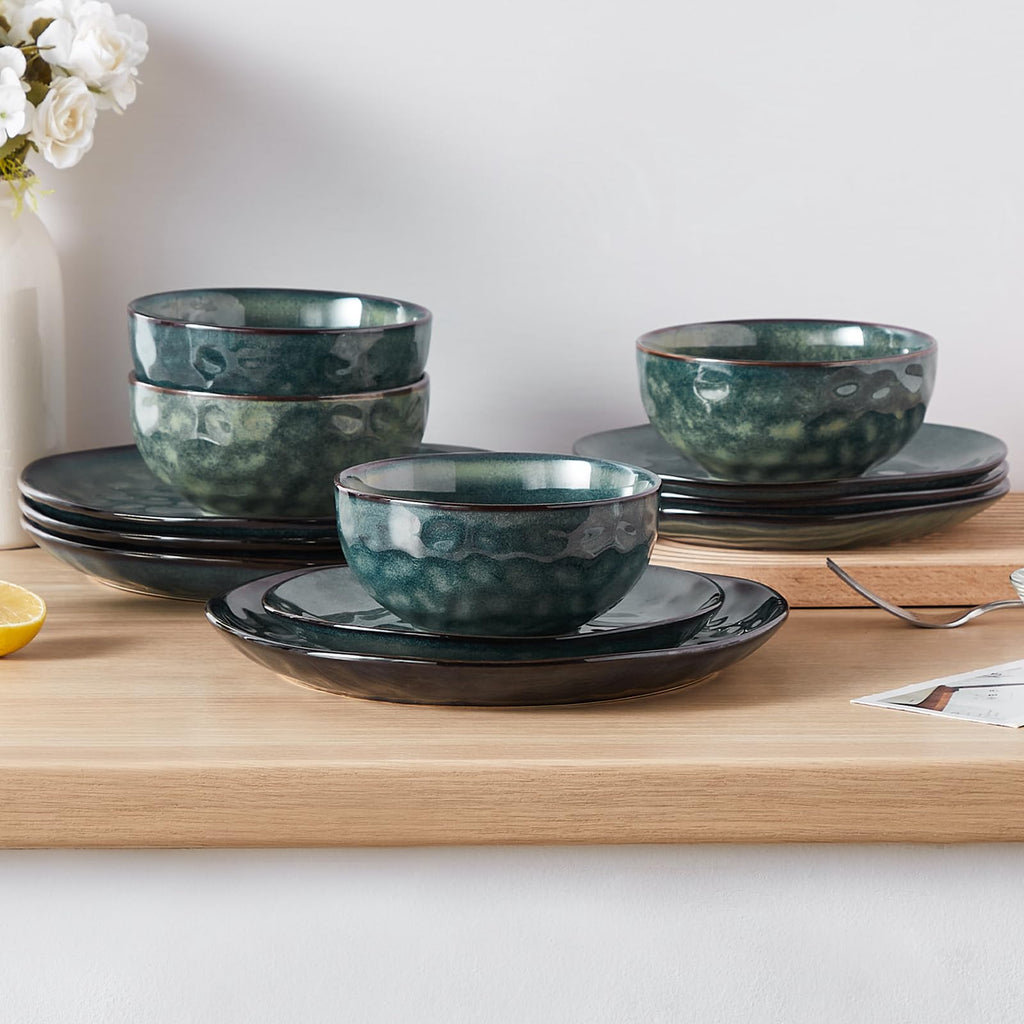 Starry 12 Pcs Dinnerware Set for 4, Handmade Reactive Glaze, Green