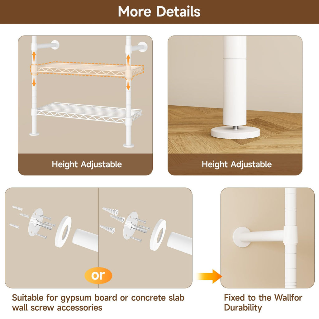 H6 Wall Mounted Closet System, Industrial Pipe Clothes Rack Clothing Racks with 6 Telescopic Rods & 3 Fixing Rods & 9
