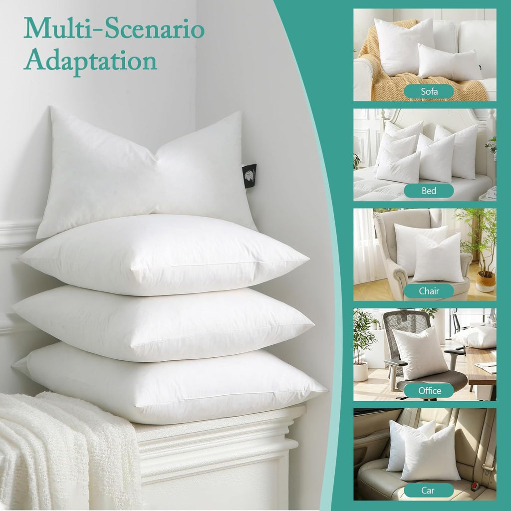 Luxury Feather Down 22x22 Pillow Inserts, Soft Fluffy Throw Pillow Inserts, 100% Organic Cotton Cover - Set of 2