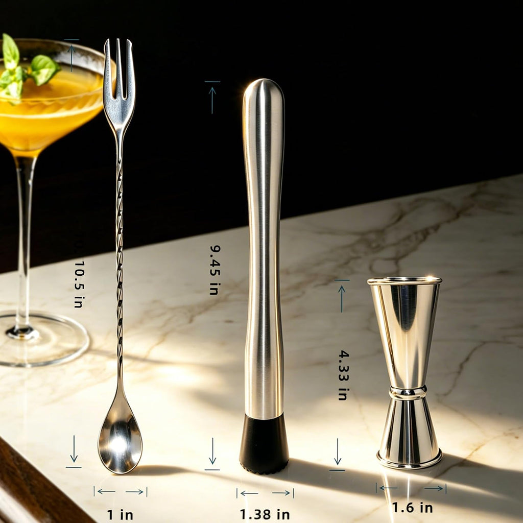 Cocktail Bar Muddler, Mixing Spoon and Measuring Jigger Bartending - Set of 3