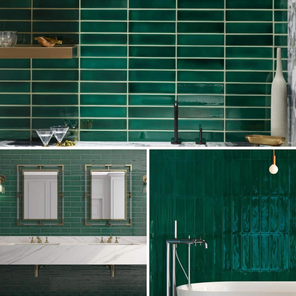 Montevista Dark Green Forest 3x12 Ceramic Handmade Wall Tile Glossy Backsplash, Bathroom Shower, Accent Decor