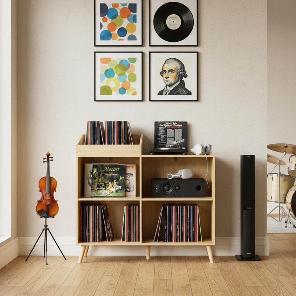 Large Record Player Stand with Power Outlet, Vinyl Record Storage Table Holds Up to 400 Albums, Mid-Century Turntable