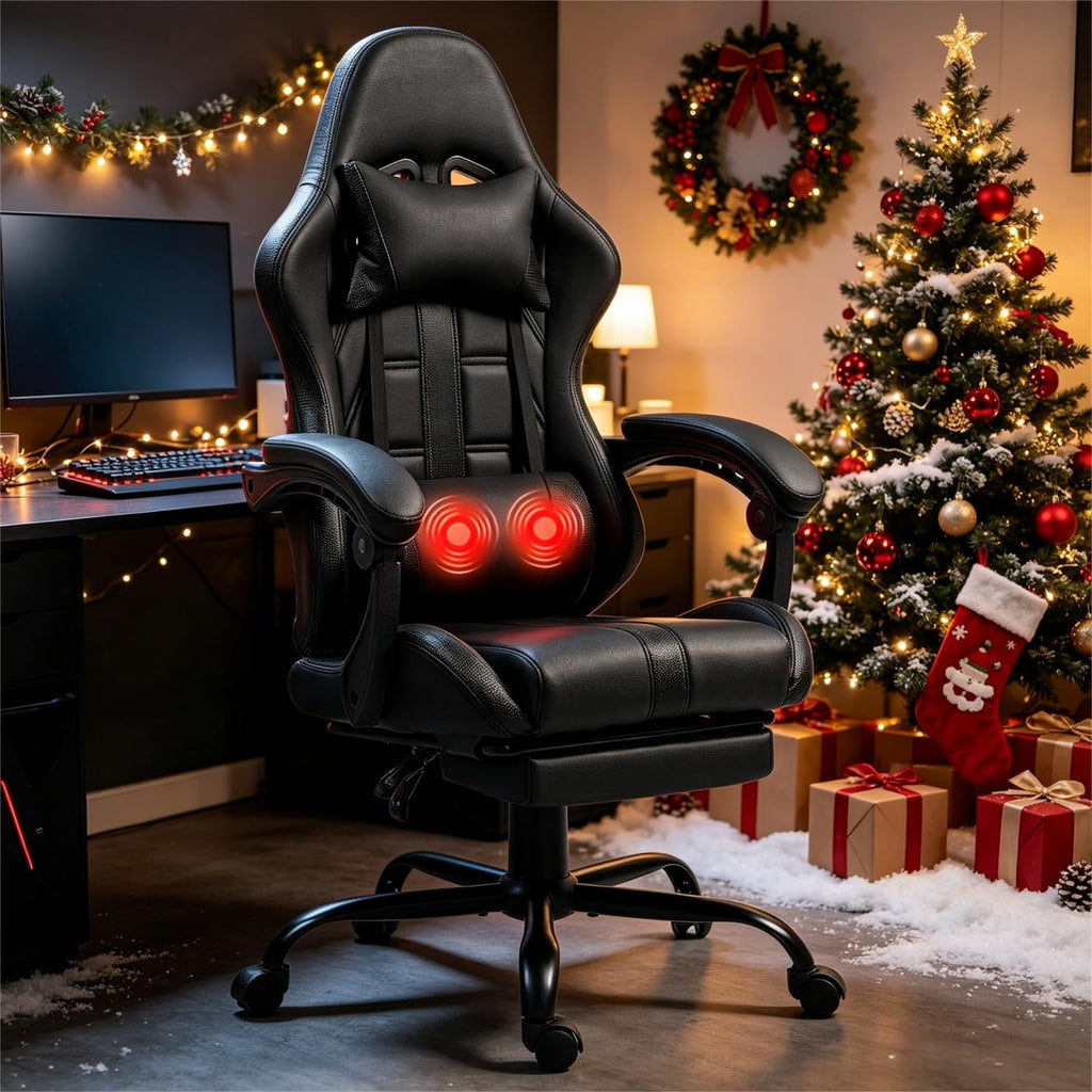 Gaming Chair with Footrest & Massage Lumbar Support, Black