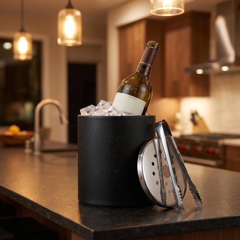Ice Bucket with Lid & Tong - Insulated Stainless Steel Ice Bucket for Cocktail Bar & Parties - Black Double-Wall Wine