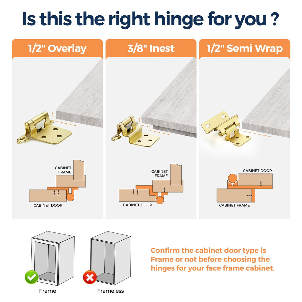 Gold Cabinet Hinges, 1/2 Inch Overlay, 50 Pack(25 Pairs)