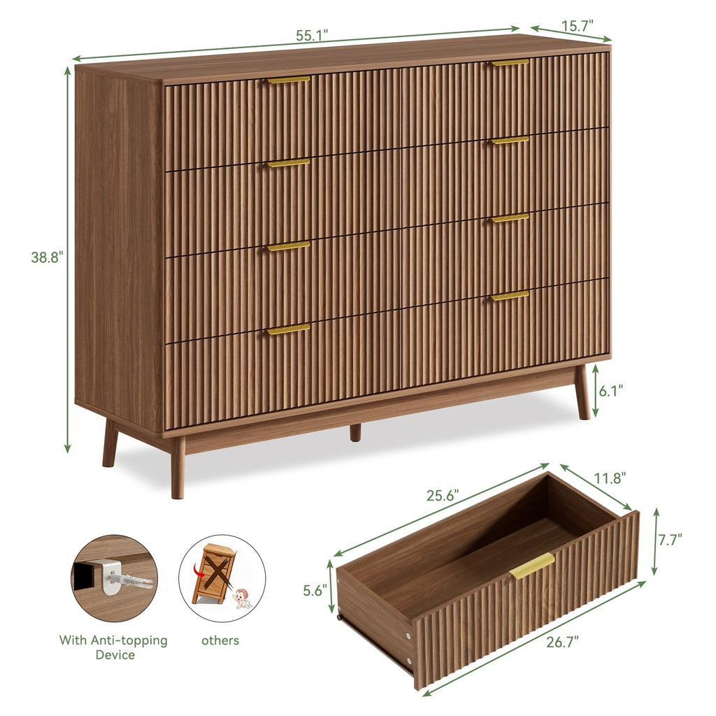 Fluted 8 Drawer Dresser, 55" Wide Modern Chest of Drawers with Curved Profile Design and Metal Handles, Wood Dresser