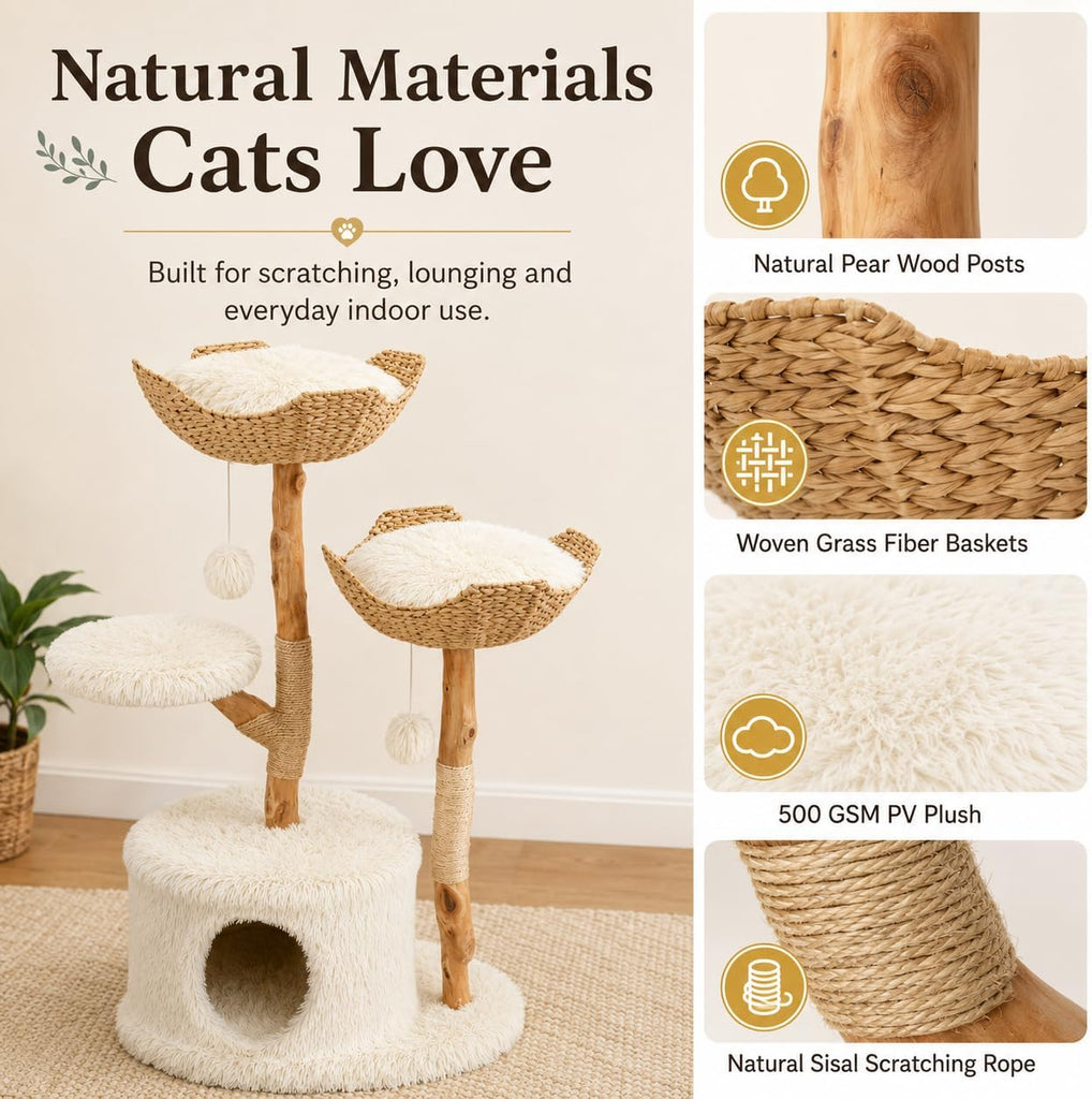 46.9-Inch Natural Wood Cat Tree with 2 Woven Baskets and Condo