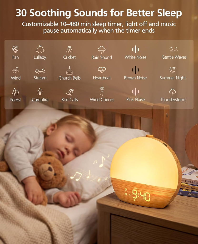 Wood Grain White Noise Sound Machine Sunrise Alarm Clock with 30 Soothing Sounds, 17 Night Lights, Bluetooth Speaker