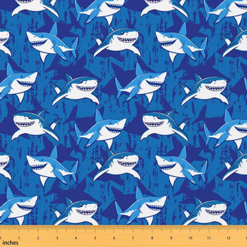 Shark Fabric by the Yard, Cartoon sea Animal Upholstery Fabric, Nautical Underwater World Oasis Decorative Fabric