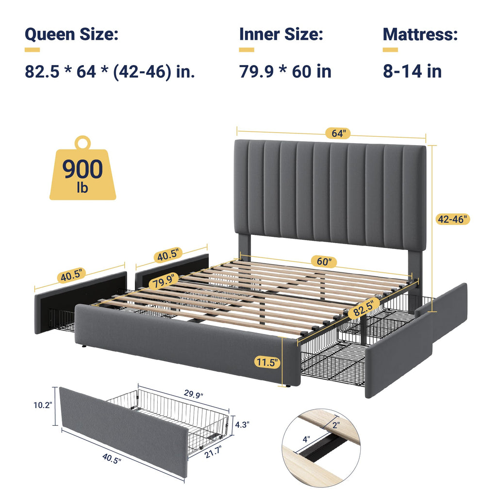 Queen Size Storage Bed Frame, Vertical Channel Tufted Adjustable Headboard, Velvet Upholstered Platform Bed with 4