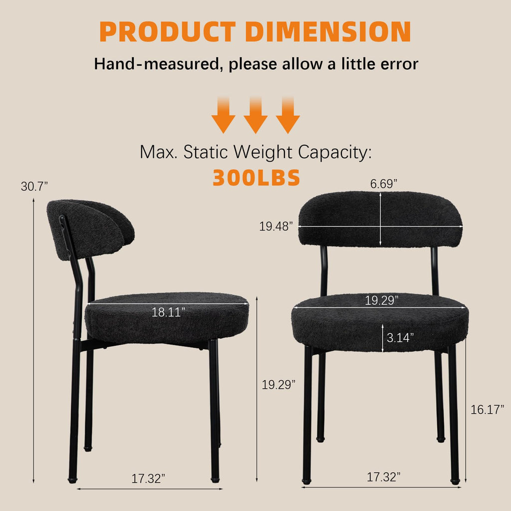 Black Boucle Set of 4, Kitchen Dining Room Chairs Curved Backrest Upholstered Mid Century Modern Chairs with Black