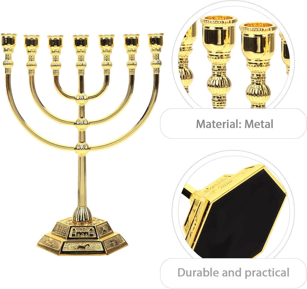Israel 7-Branch Candle Holder - Golden Metal Candelabrum for Hanukkah, Jewish Decor, and Gifts - 6.68 X 5.31 X 2.55