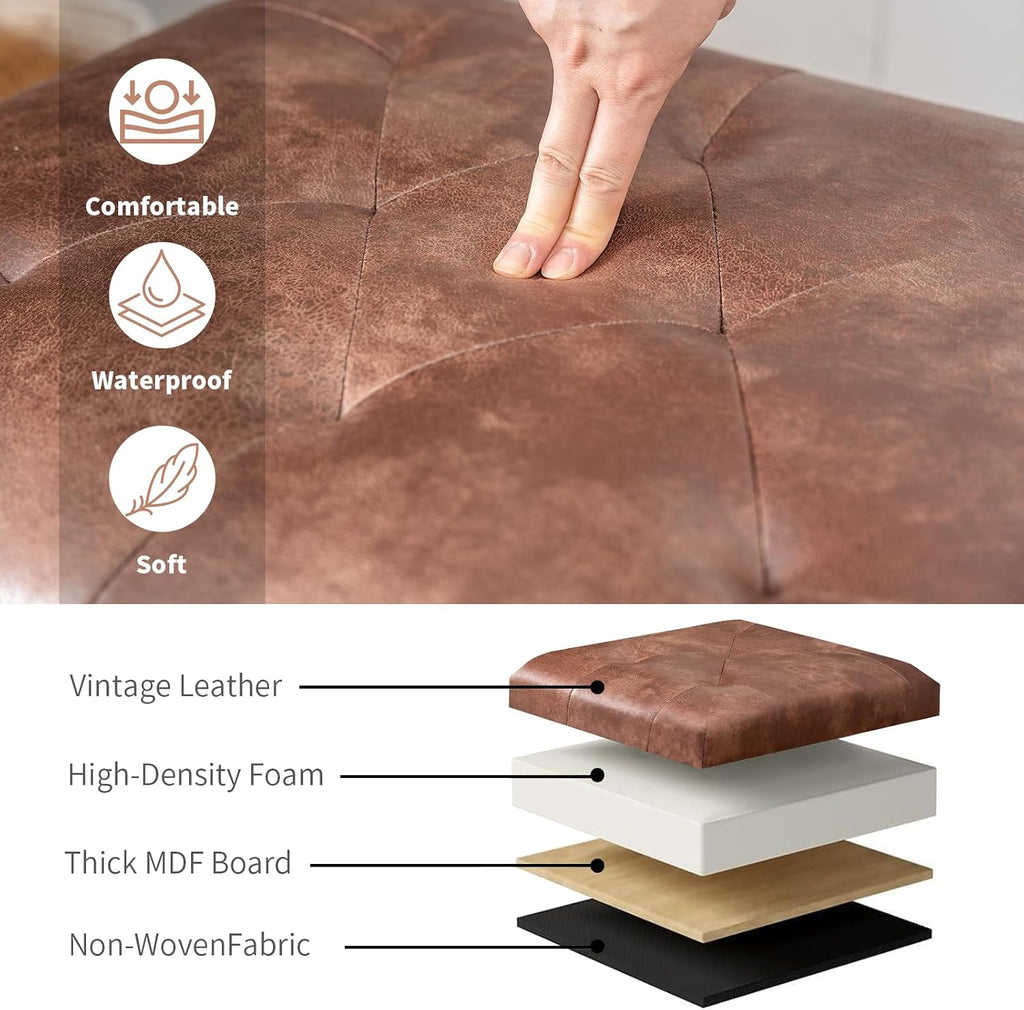 Leather Storage Ottoman, 24" Rectangle Tufted Square Upholstered Bench, Foot Rest Stool with Wood Legs, Footstool