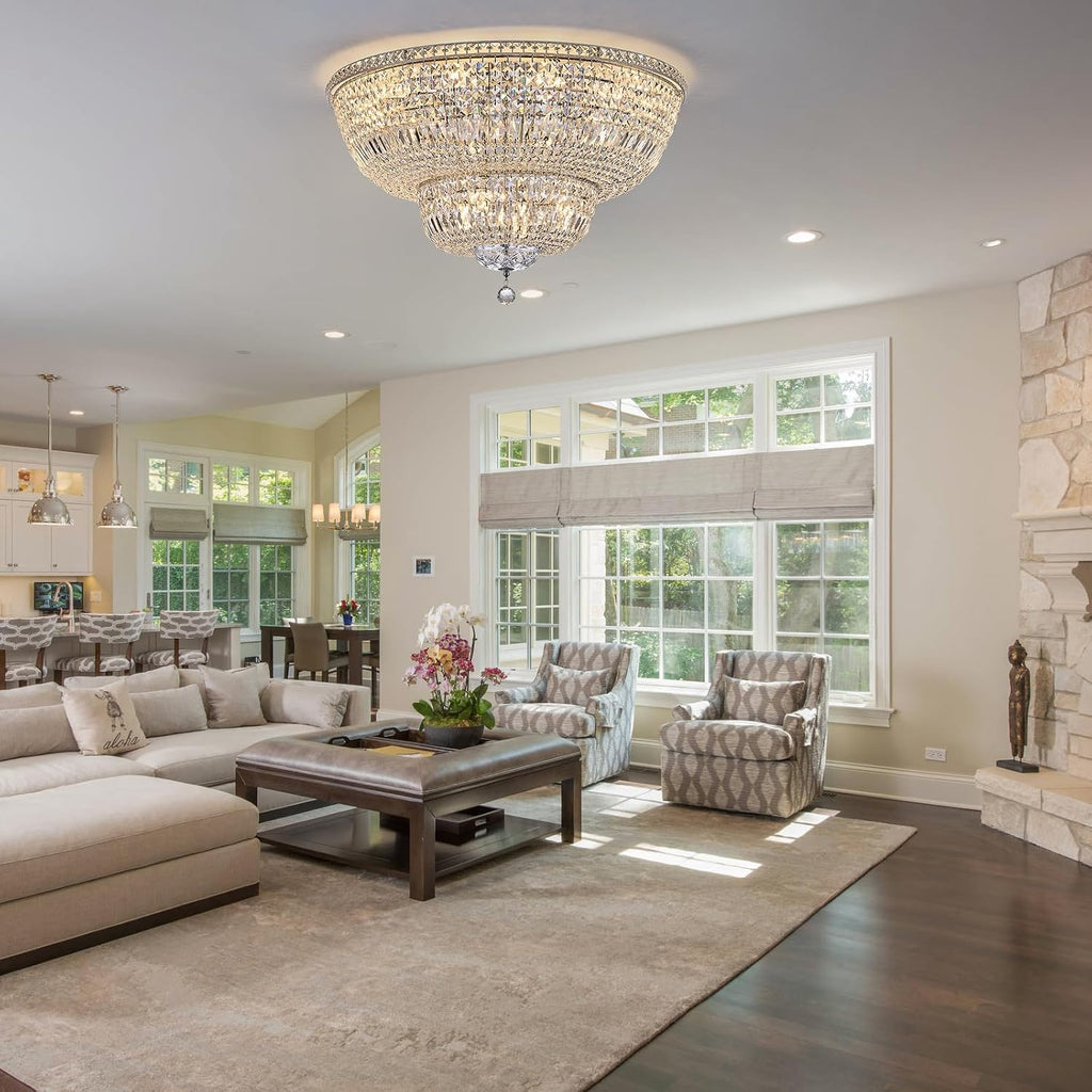 16-Light Modern Crystal Chandelier, 32" Chrome Flush Mount Ceiling Light, Round Tiered Crystal Ceiling Fixture