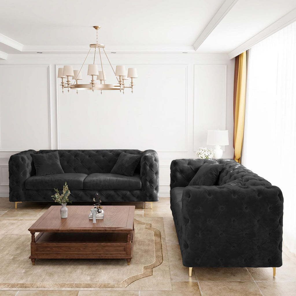 75" Mid Century Modern Sofa with Tufted Back, Gold Metal Legs, Black