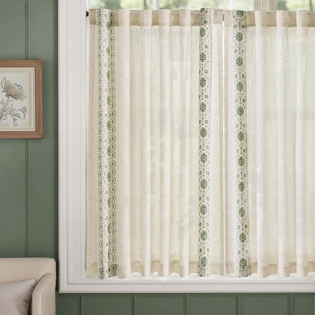 Small Window Curtains 45 Inch Length Linen Cafe Curtains for Kitchen Bathroom Bordered Floral Embroidered Short