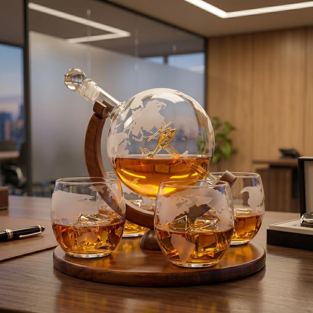 Helicopter Whiskey Decanter Set - For pilots & aviation fans. Unique globe decanter with military helicopter design.