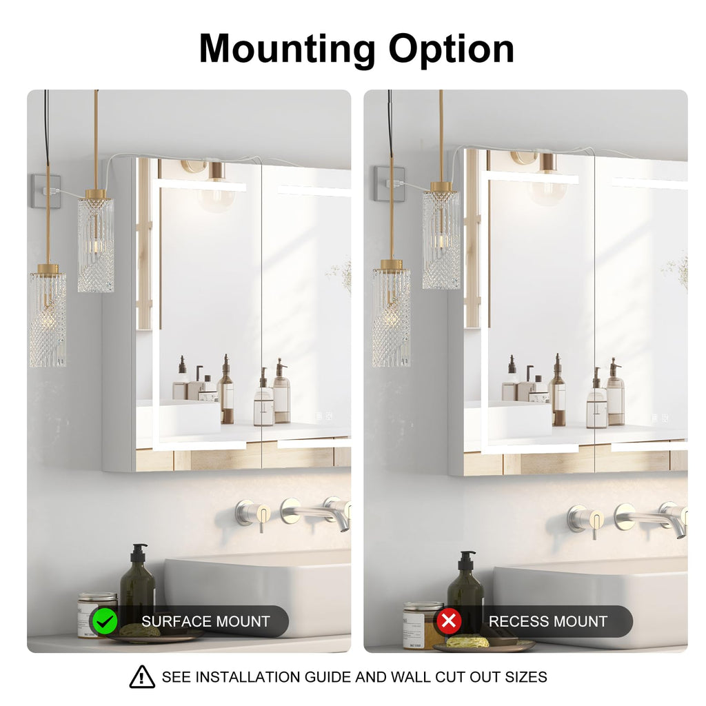 Large Medicine Cabinet, LED Lighted Medicine Cabinets with 3 Doors, Wall Mounted Bathroom Mirror with