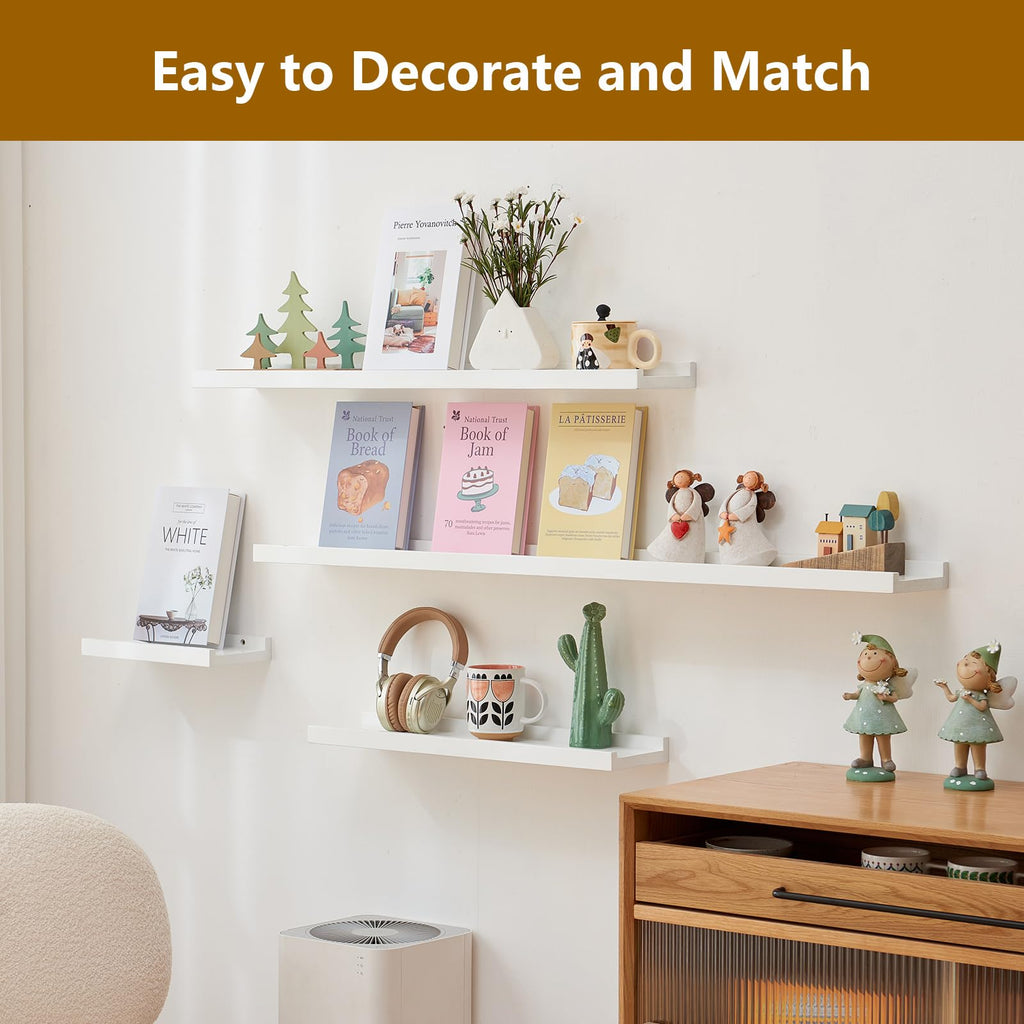Oak Floating Shelves White for Wall 36 Inch (Upgrade Width 6"), Natural Wood Wall Shelves Display Picture Ledge Shelf