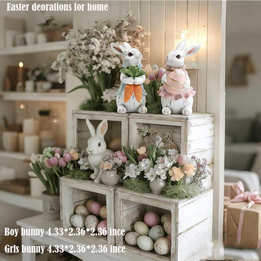 Easter Decorations - Resin White Easter Bunny - Small Bunny Statues Figurines Decor Table Centerpieces - Set of 2
