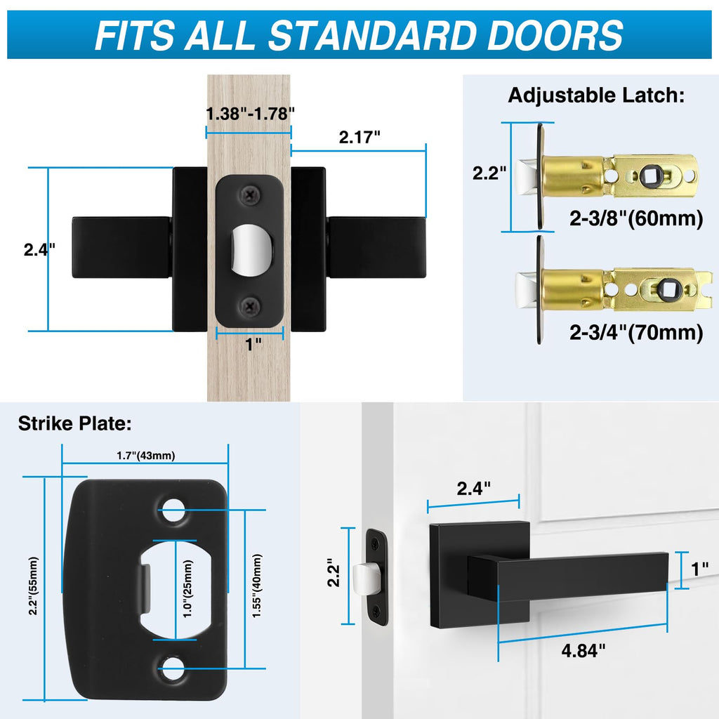 3 Pack Matte Black Door Handles, Passage Door Levers & Closet, Interior Keyless Door Knobs Heavy Duty Square