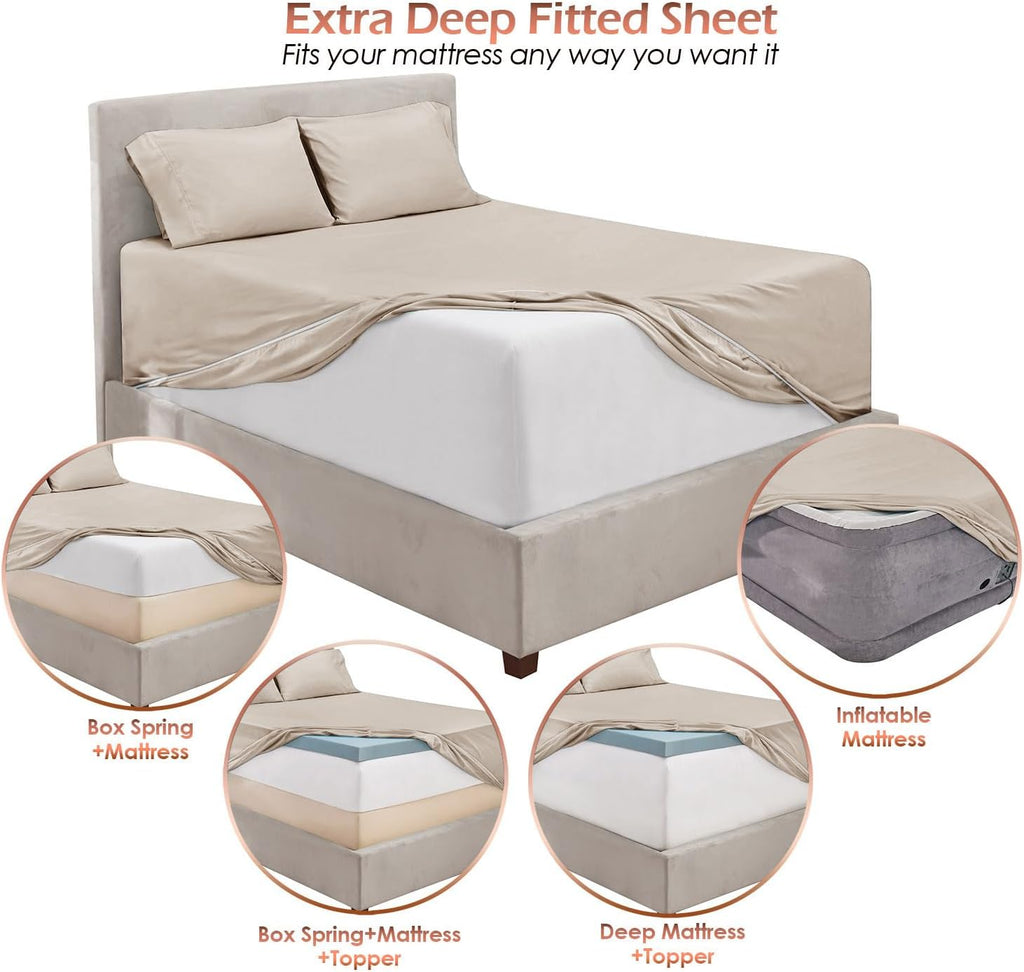 Extra Deep Pocket Sheet Sets, Luxury Soft 6 Piece Bed Sheet Set Fits Mattress 18-24 Inches - King, Linen