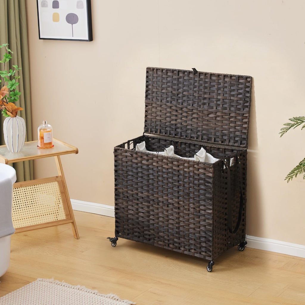 Hamper with Wheels, 34.3 Gallon(130L) Rolling Laundry Basket with Lid, 3-Section Rattan Clothes Hamper with 3