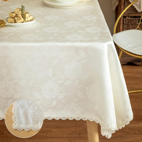 Rose Jacquard Textured Tablecloth Waterproof Spillproof Lace Trim Rectangle Table Cloth, Oblong Tabl