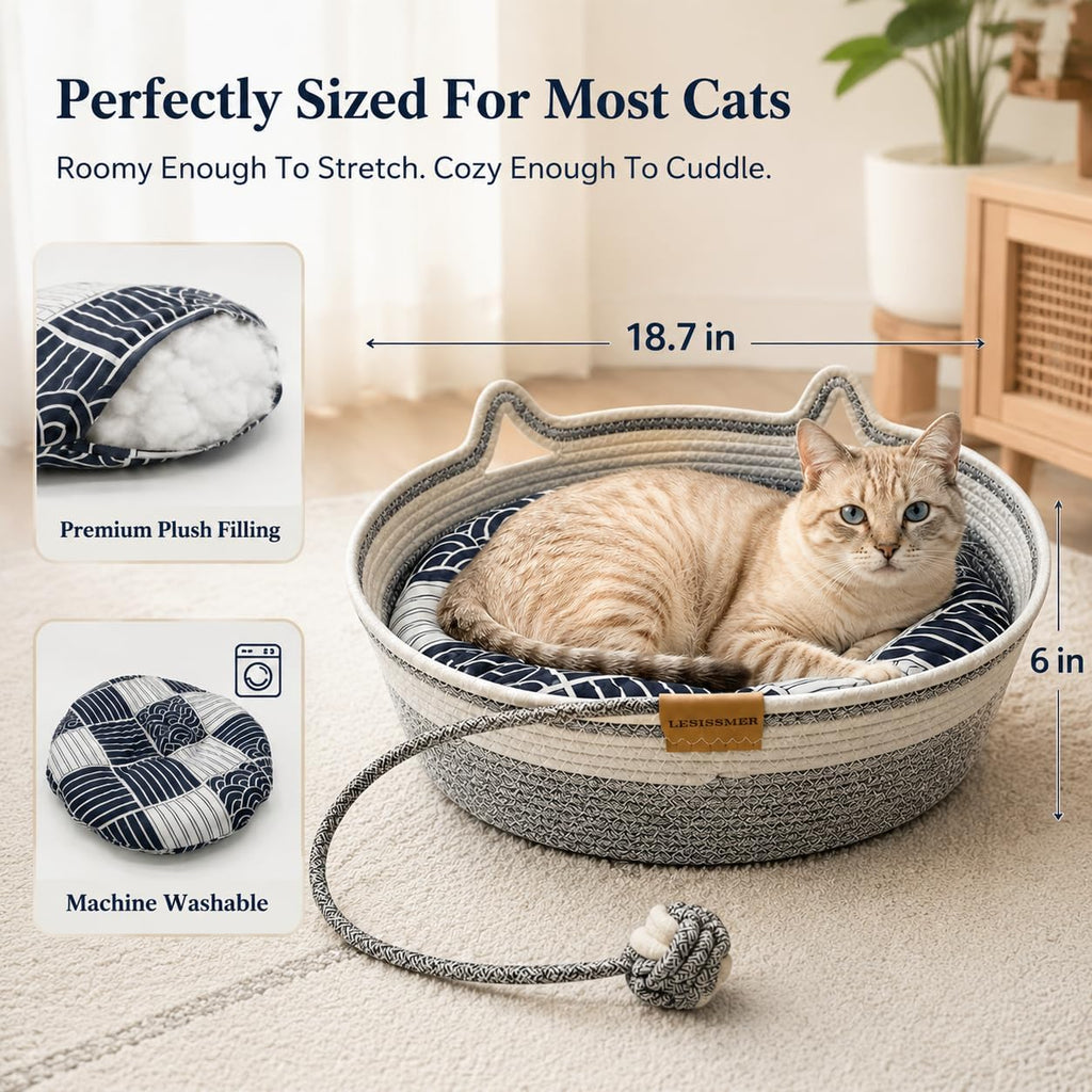 Cat Bed Basket for Indoor Cats Handwoven Cotton Rope with Cushion (Grey)