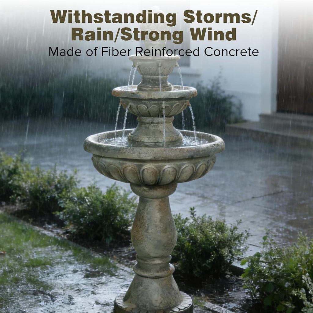 42.5" Water Fountain Outdoor - Large Waterfall Fountain Outside, 3-Tiers Cascading, Fiber Reinforced Concrete