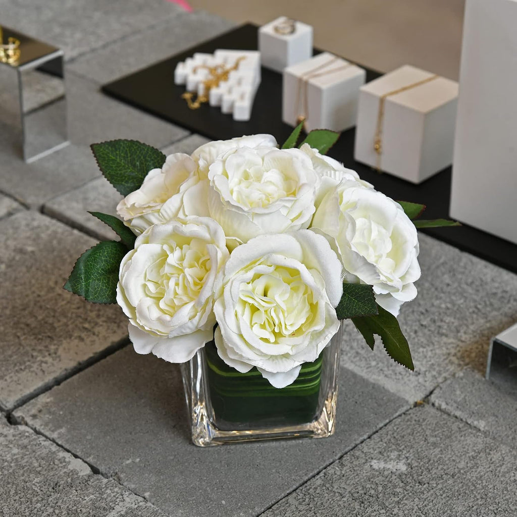Artificial Peony Silk Flower Centerpieces Faux Floral Arrangement in Glass Vase Wedding Table Decoration (Cream)
