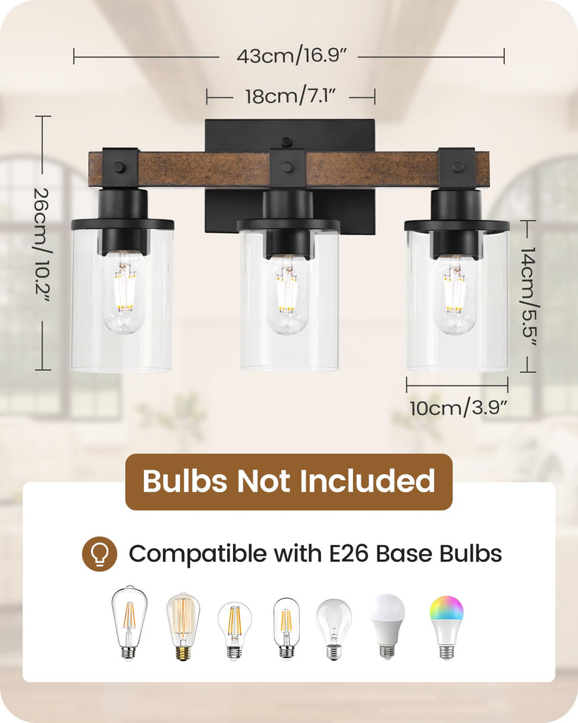 3-Light Bathroom Light Fixture, Farmhouse Vanity Lights with Glass Shade, Rustic Bathroom Light Fixtures, E26 Base