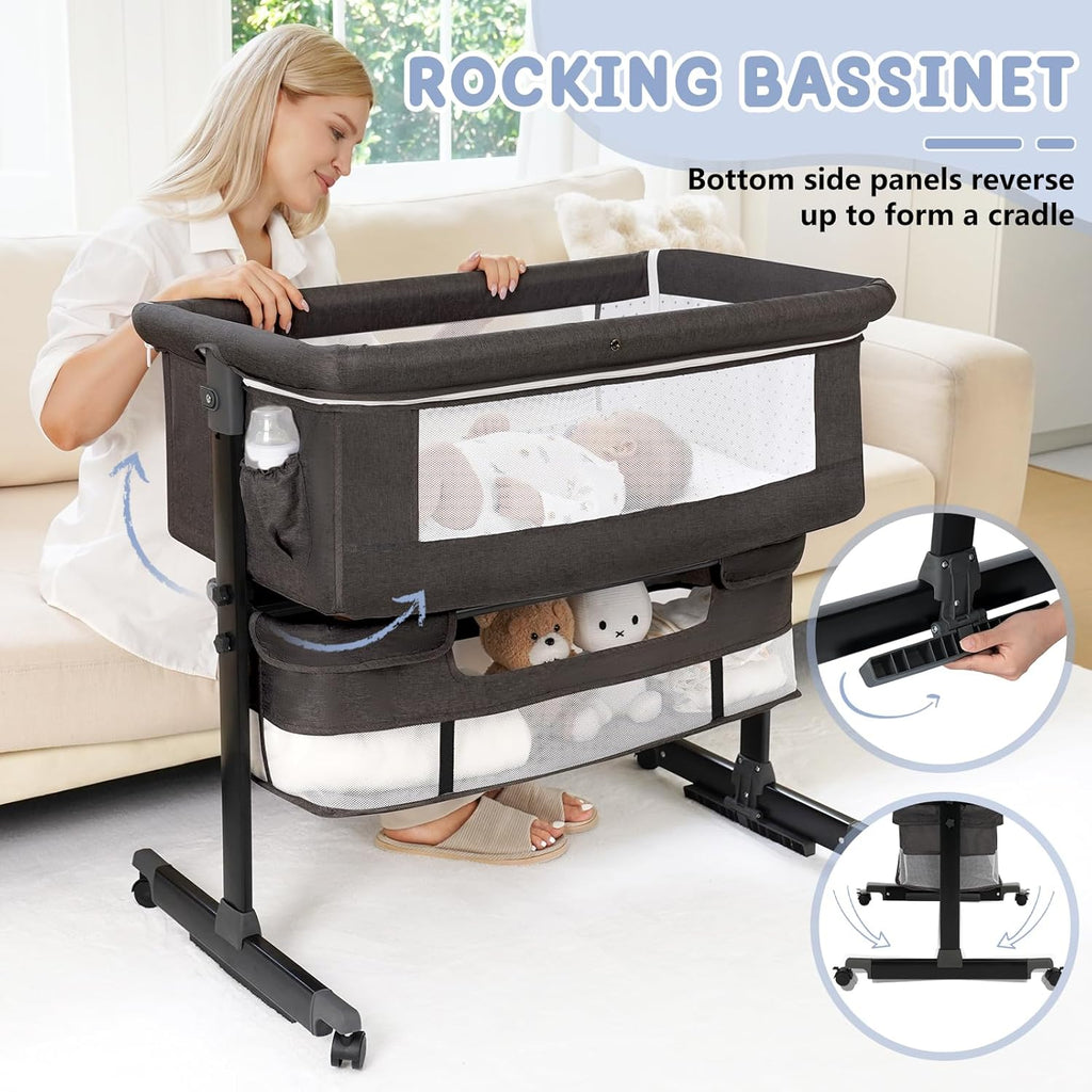 Bassinet, 3 in 1 Bedside Bassinets for Baby, Bassinet Bedside Sleeper with Wheels, Adjustable Height with Rocking