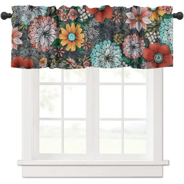 Boho Floral Valance, Traditional Colorful Bohemian Mandala Floral Dark Flower Leaves Modern Spring Garden Blackout
