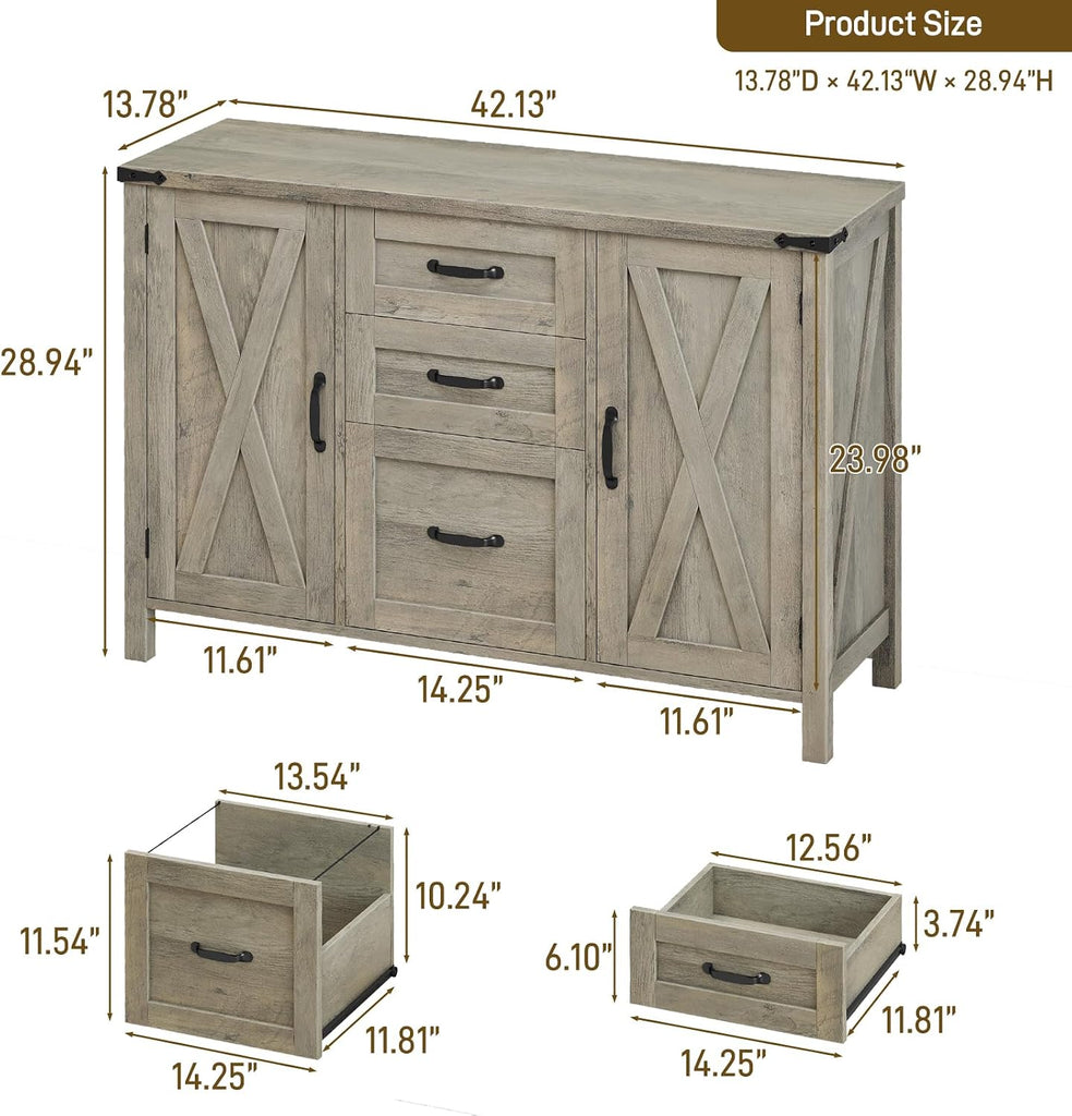 Farmhouse Lateral File Cabinet with 3 Drawers and Doors, Rustic Grey | Lateral Filing Cabinet Fits Letter or A4 Size