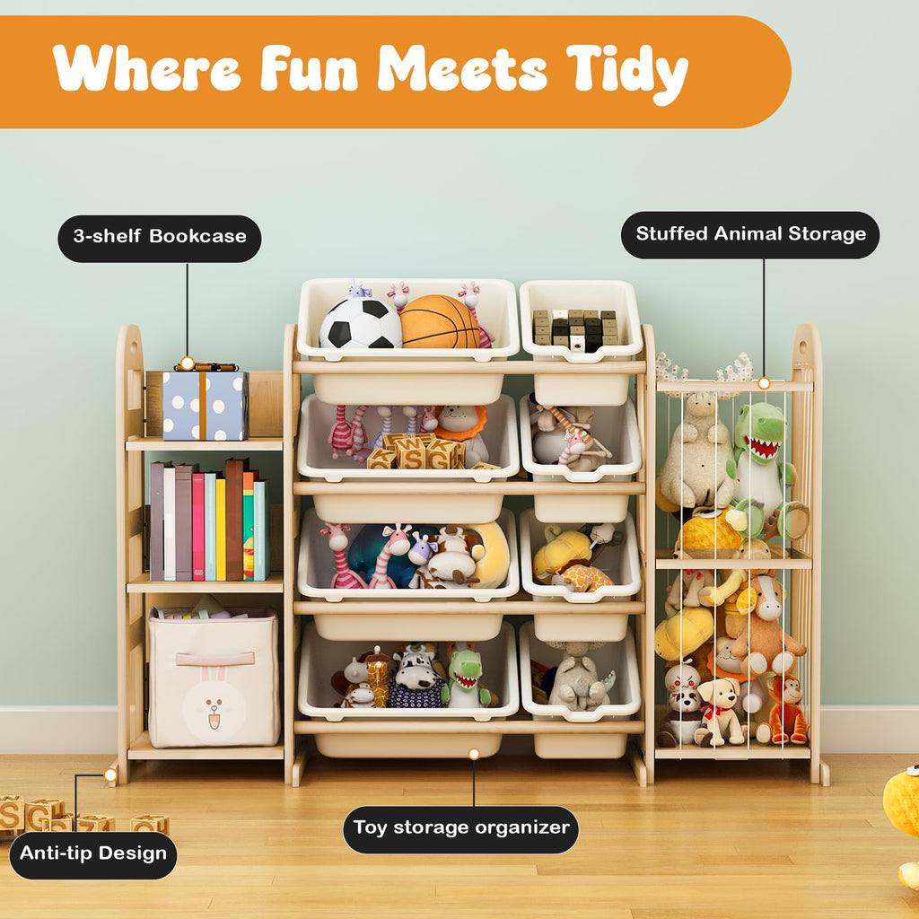 Wooden Toy Storage Organizer, Toy Organizers & Storage with Stuffed Animal Storage, Toy Storage Shelf with 3 Shelves