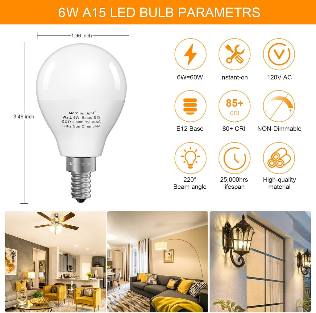 A15 LED Bulb 60Watt Equivalent, 3000K Soft White, E12, Non-Dimmable, 6 Pack