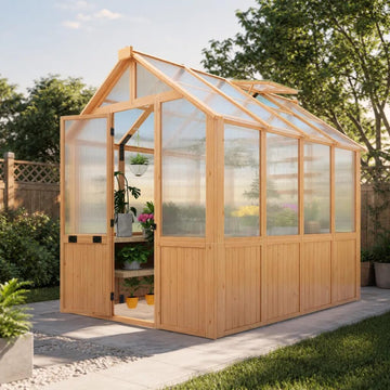 6x8 FT Wooden Greenhouse for Outdoors, Walk-in Greenhouse Kit with 4mm Polycarbonate Panels, Adjustable Roof Vent and