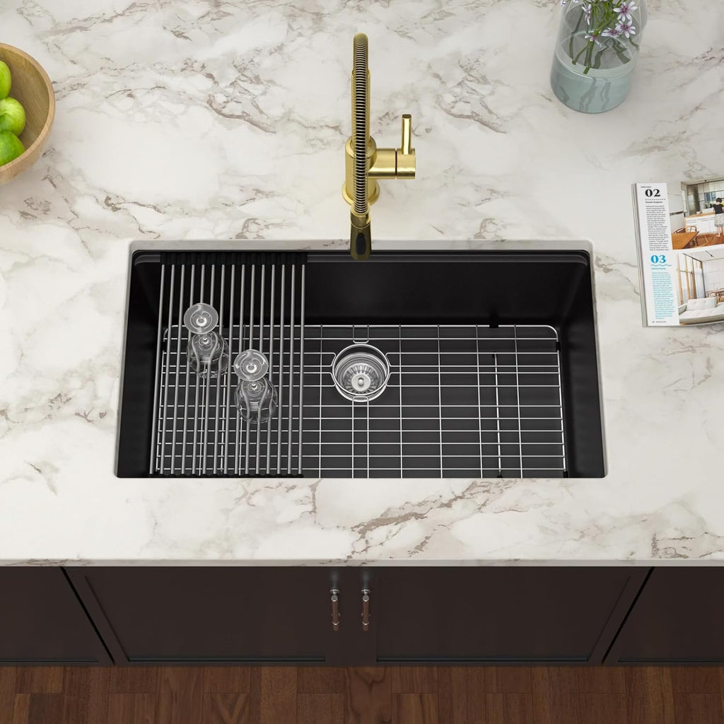 Black Granite Composite Undermount Kitchen Sink Workstation - 30 Inch Matte Black Quartz Undermount Single Bowl