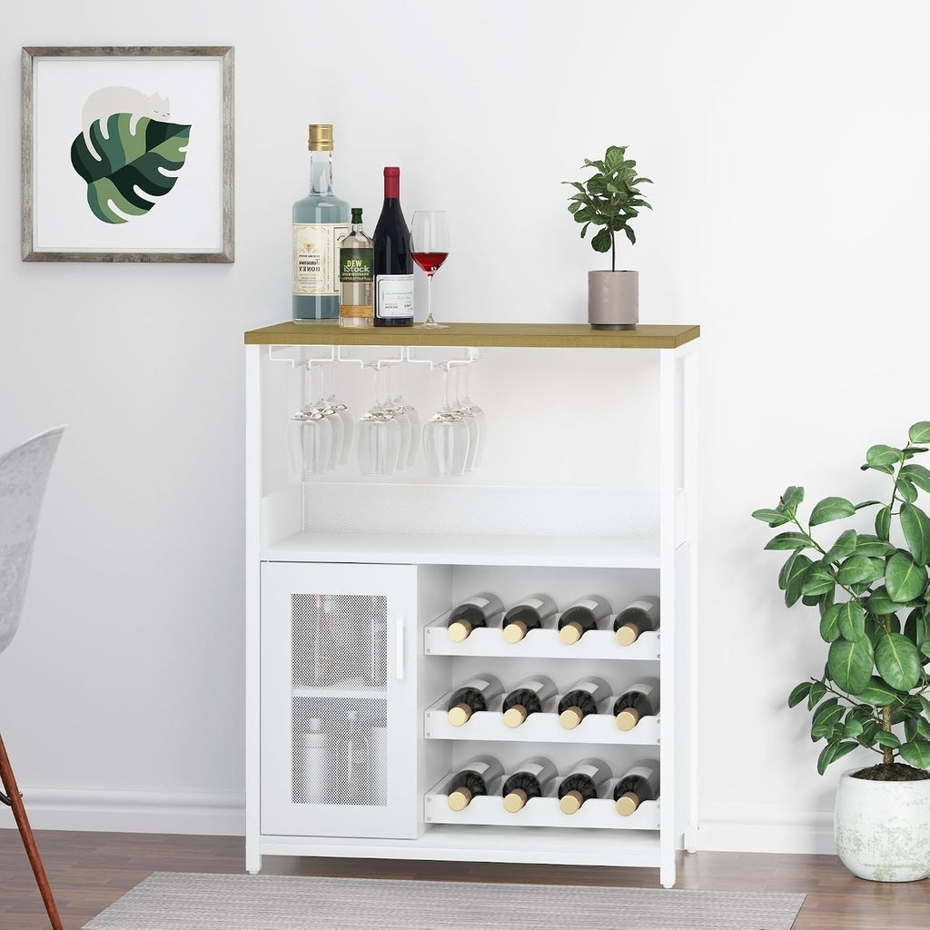 Wine Bar Cabinet with Detachable Wine Rack and Storage Space | 3-Tier Buffet Cabinet with Glass Holder and Mesh Door